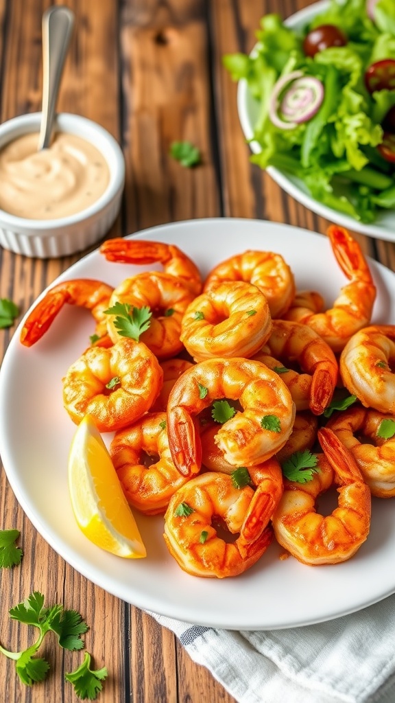 Crispy garlic shrimp from the air fryer, garnished with parsley and lemon on a rustic table.